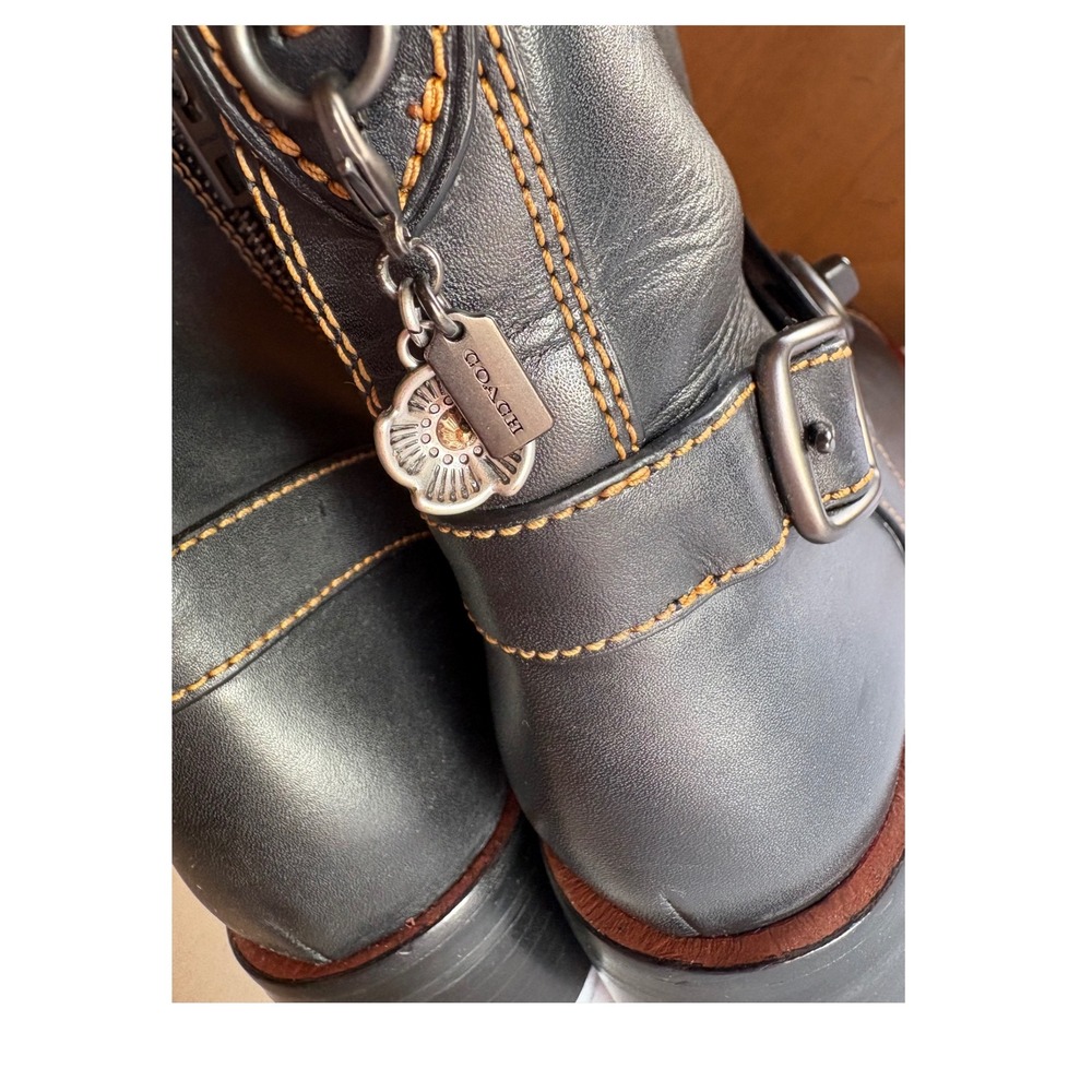 Coach G1192 Black Leather Turnlock Tea Rose Boots 9.5 B Cap Toe Zipper UNUSED - Picture 4 of 9